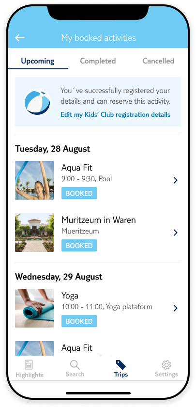 Kids club my booked activities list